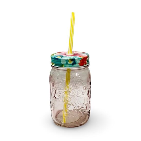 Pioneer Woman ROSE/PINK Glass Mason Jar w/Lid & Straw - Picture 1 of 3